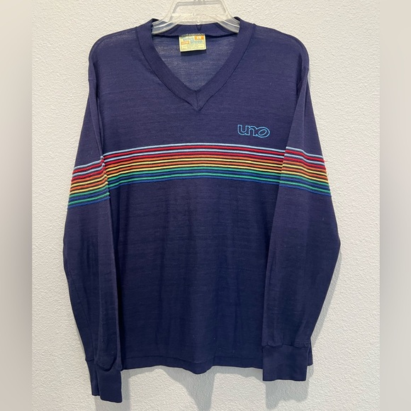 Vintage 70s Velva Sheen Sweater Navy Blue Rainbow UNO Very Lightweight V-Neck L - Picture 7 of 7